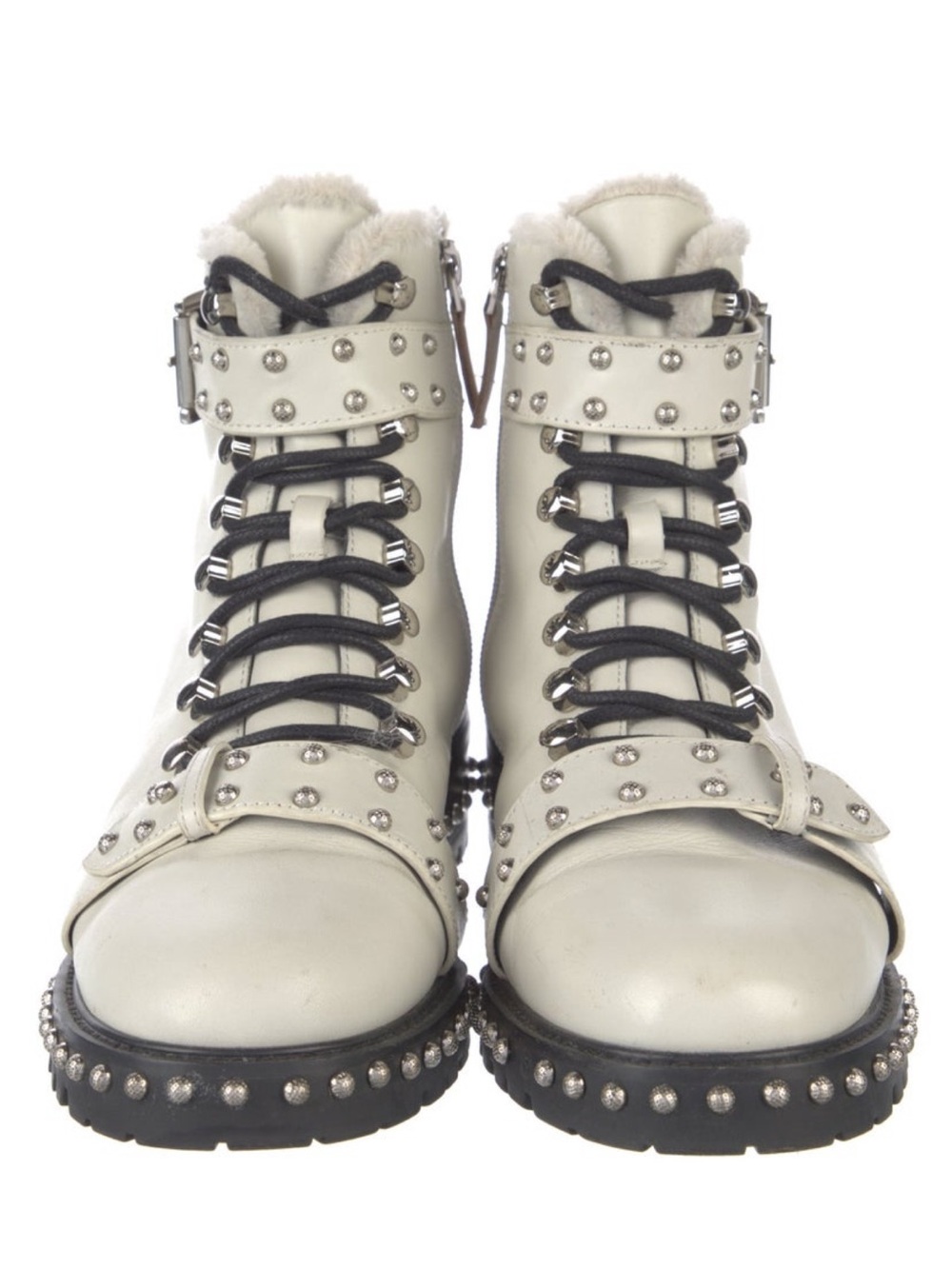 Stud-Trim Lace-Up Women's Ankle Boots in Off-White
